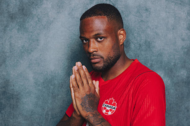 NEW YORK, NEW YORK - JUNE 08: (EXCLUSIVE COVERAGE) (EDITOR'S NOTE: This image has been digitally altered.) Cyle Larin #9 of Canada poses for a portrait during the official FIFA World Cup 2026 portrait session on June 08, 2026 in New York, New York.