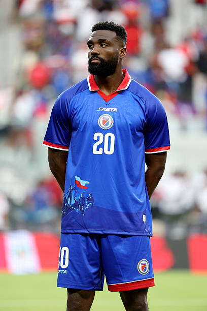 MIAMI, FLORIDA - JUNE 5: Frantzdy Pierrot #20 of Haiti looks on prior to the international friendly match between Haiti and Peru at Nu Stadium on June 5, 2026 in Miami, United States.