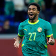 Senegal's forward #27 Ibrahim Mbaye celebrates scoring his team's third goal during the Africa Cup of Nations (CAN) round of 16 football match between Senegal and Sudan at Grand Stadium in Tangiers on January 3, 2026.