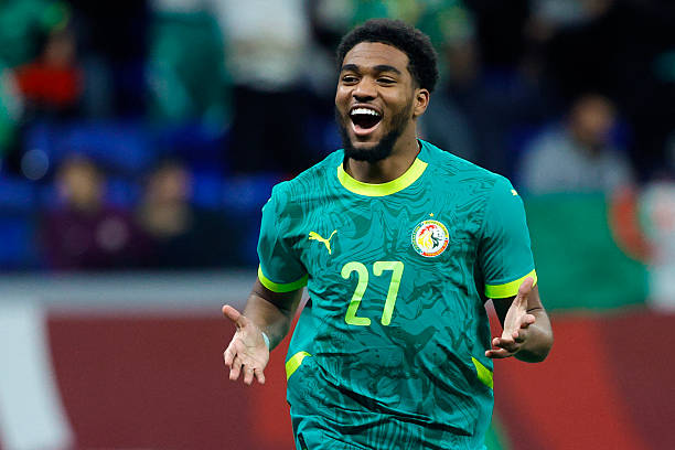 Senegal's forward #27 Ibrahim Mbaye celebrates scoring his team's third goal during the Africa Cup of Nations (CAN) round of 16 football match between Senegal and Sudan at Grand Stadium in Tangiers on January 3, 2026.
