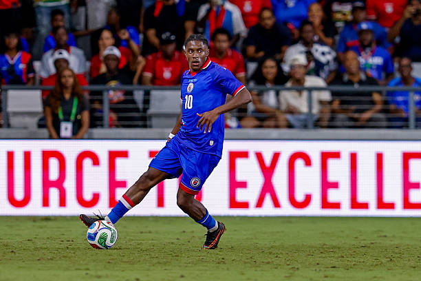 MIAMI, FL - JUNE 5: Haiti midfielder Jean-Ricner Bellegarde (10)controls the ball during the international friendly game between Haiti and Peru at NU Stadium on June 5, 2026 in Miami,Florida.