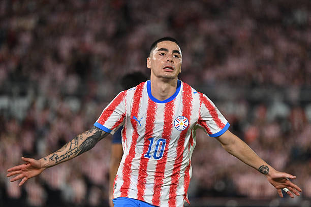 Paraguay's forward #10 Miguel Almiron celebrates scoring his team's first goal during the international friendly football match between Paraguay and Nicaragua at the Defensores del Chaco Stadium in Asuncion on June 5, 2026.