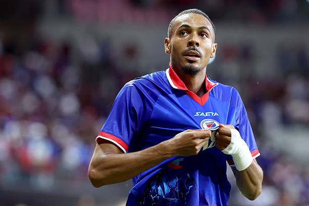 MIAMI, FLORIDA - JUNE 5: Wilson Isidor #18 of Haiti celebrates after scoring his team's first goal against Peru during the international friendly match between Haiti and Peru at Nu Stadium on June 5, 2026 in Miami, United States.