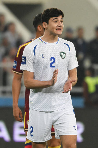 TASHKENT, UZBEKISTAN - MARCH 30: Abdukodir Khusanov of Uzbekistan reacts during the international friendly match between Uzbekistan and Venezuela on March 30, 2026 in Tashkent, Uzbekistan.