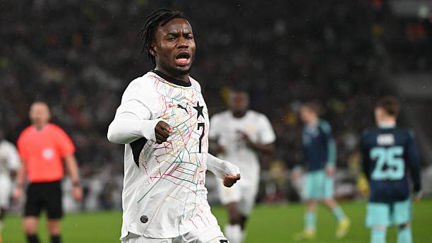 30 March 2026, Baden-Württemberg, Stuttgart: Soccer, Men, International matches, Germany - Ghana, MHP Arena. Abdul Fatawu (Ghana) celebrates his goal to make it 1-1. Photo: Marijan Murat/dpa - IMPORTANT NOTE: In accordance with the regulations of the DFL German Football League and the DFB German Football Association, it is prohibited to utilize or have utilized photographs taken in the stadium and/or of the match in the form of sequential images and/or video-like photo series. 