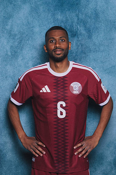 SANTA BARBARA, CALIFORNIA - JUNE 07: (EXCLUSIVE COVERAGE) (EDITOR'S NOTE: This image has been digitally altered.) Abdulaziz Hatem #6 of Qatar poses for a portrait during the official FIFA World Cup 2026 portrait session on June 07, 2026 in Santa Barbara, California.