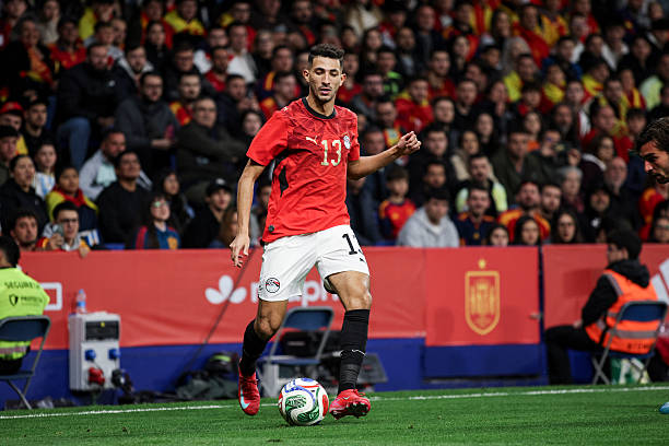 Ahmed Fatouh of Egypt controls the ball during the international friendly match between Spain and Egypt at RCD Stadium in Barcelona, Spain, on March 31, 2026. The match takes place prior to the FIFA World Cup.