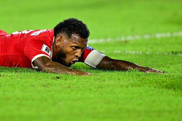 Panama's midfielder #19 Alberto Quintero reacts during the 2026 FIFA World Cup Concacaf qualifier football match between Panama and El Salvador at the Rommel Fernandez Stadium in Panama City on November 18, 2025. (Photo by MARTIN BERNETTI / AFP)