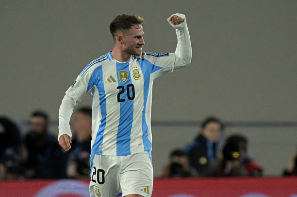 Argentina's midfielder Alexis Mac Allister celebrates after scoring during the 2026 FIFA World Cup South American qualifiers football match between Argentina and Chile at the Mas Monumental stadium in Buenos Aires on September 5, 2024.