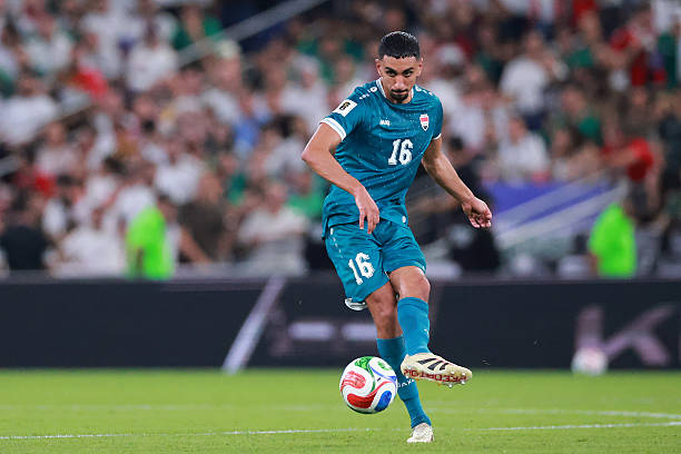 GUADALUPE, MEXICO - MARCH 31: Amir Al-Ammari of Iraq passes the ball during the FIFA World Cup 2026 Play-Off tournament final match between Iraq and Bolivia at Estadio Monterrey on March 31, 2026 in Guadalupe, Mexico.