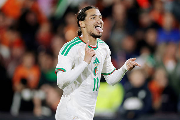 ROTTERDAM, NETHERLANDS - JUNE 3: Anis Hadj Moussa of Algeria celebrates 0-1 during the International Friendly match between Holland v Algeria at the Stadium Feijenoord on June 3, 2026 in Rotterdam Netherlands