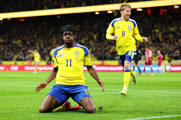 SOLNA, SWEDEN - MARCH 31: Anthony Elanga of Sweden celebrates scoring his team's first goal during the FIFA World Cup 2026 European Qualifiers KO play-offs match between Sweden and Poland at Strawberry Arena on March 31, 2026 in Solna, Sweden.