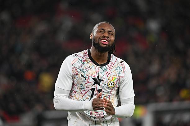 30 March 2026, Baden-Württemberg, Stuttgart: Soccer, Men, International matches, Germany - Ghana, MHP Arena. Antoine Semenyo (Ghana) reacts unhappy. Photo: Marijan Murat/dpa - IMPORTANT NOTE: In accordance with the regulations of the DFL German Football League and the DFB German Football Association, it is prohibited to utilize or have utilized photographs taken in the stadium and/or of the match in the form of sequential images and/or video-like photo series.