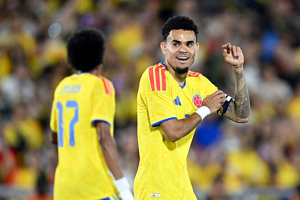 Colombia's forward #07 Luis Diaz celebrates scoring his team's second goal during the international friendly football match between Colombia and Costa Rica at the Nemesio Camacho El Campin stadium in Bogota on June 1, 2026.