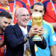 EAST RUTHERFORD, NEW JERSEY - JULY 19: Luis de la Fuente, Head Coach of Spain, lifts the FIFA World Cup Winner’s Trophy after the team’s victory following the FIFA World Cup 2026 Final match between Spain and Argentina at New York New Jersey Stadium on July 19, 2026 in East Rutherford, New Jersey.