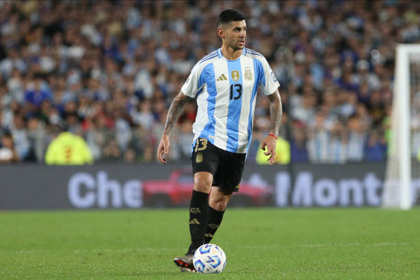 BUENOS AIRES, ARGENTINA - OCTOBER 15: Cristian Romero of Argentina plays the ball during the FIFA World Cup 2026 South American Qualifier match between Argentina and Bolivia at Estadio Más Monumental Antonio Vespucio Liberti on October 15, 2024 in Buenos Aires, Argentina.