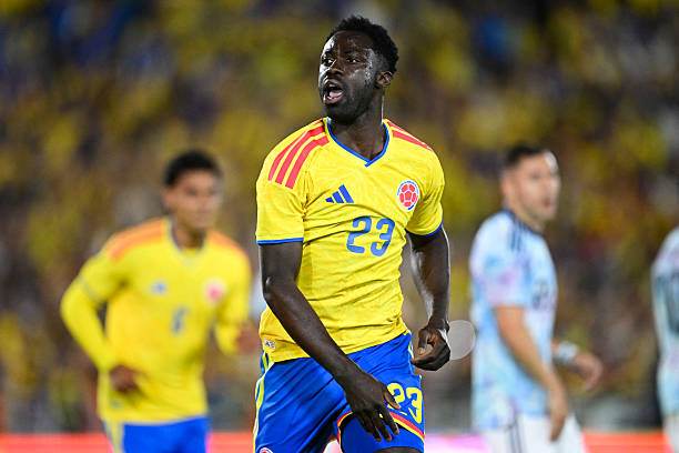 Colombia's defender #23 Davinson Sanchez celebrates scoring his team's first goal during the international friendly football match between Colombia and Costa Rica at the Nemesio Camacho El Campin stadium in Bogota on June 1, 2026.
