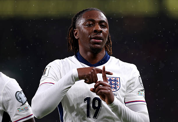 LONDON, ENGLAND - NOVEMBER 13: Eberechi Eze of England celebrates scoring his team's second goal during the FIFA World Cup 2026 qualifier match between England and Serbia at Wembley Stadium on November 13, 2025 in London, England.