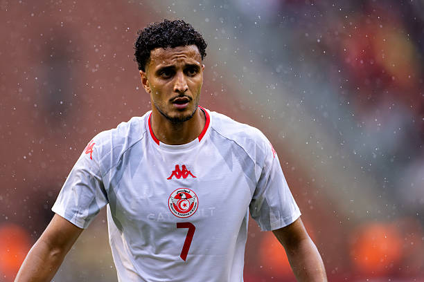 BRUSSELS, BELGIUM - JUNE 6: Elias Achouri of Tunisia looks on during the international friendly match between Belgium and Tunisia at King Baudouin Stadium on June 6, 2026 in Brussels, Belgium.