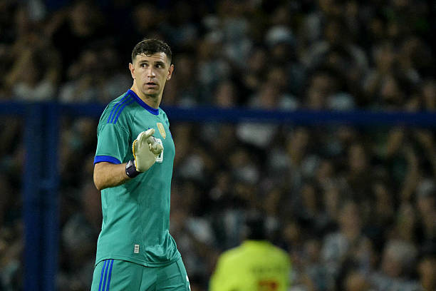 Argentina's goalkeeper #23 Emiliano Martinez gestures during a friendly football match between Argentina and Zambia at La Bombonera stadium in Buenos Aires on March 31, 2026.