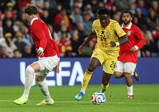 CARDIFF, WALES - JUNE 02: Ernest Nuamah of Ghana in action with the ball during the international friendly match between Wales and Ghana at Cardiff City Stadium on June 02, 2026 in Cardiff, Wales.