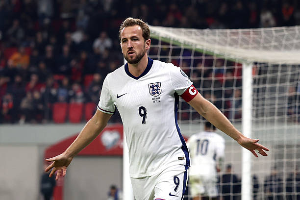 TIRANA, ALBANIA - NOVEMBER 16: Harry Kane of England celebrates scoring his team's second goal during the FIFA World Cup 2026 qualifier match between Albania and England at Air Albania Stadium on November 16, 2025 in Tirana, Albania.