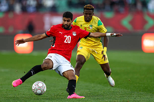 Egypt's forward #20 Ibrahim Adel controls the ball next to Benin's defender #03 Tamimou Ouorou during the Africa Cup of Nations (CAN) round of 16 football match between Egypt and Benin at the Grand Stadium in Agadir on January 5, 2026.