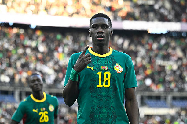 Senegal's forward #18 Ismaila Sarr celebrates scoring his team's second goal during the international friendly football match between Senegal and Peru at the Stade de France in Saint-Denis, north of Paris, on March 28, 2026