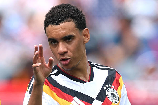 CHICAGO, ILLINOIS - JUNE 06: Jamal Musiala of Germany reacts during the international friendly match between United States and Germany at Soldier Field on June 06, 2026 in Chicago, Illinois.