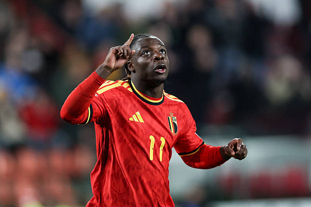 LIEGE, BELGIUM - 2025/11/18: Jeremy Doku of Belgium celebrates a goal during European World Cup Qualifiers 2026 football match between Belgium and Liechtenstein at Stade Maurice Dufrasne (Liege). Final score Belgium 7 : 0 Liechtenstein.