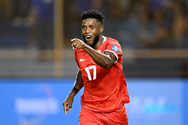 Panama's forward #17 Jose Fajardo celebrates scoring his team's first goal during the 2026 FIFA World Cup Concacaf qualifier football match between El Salvador and Panama at the Cuscatlan Stadium in San Salvador on October 10, 2025.