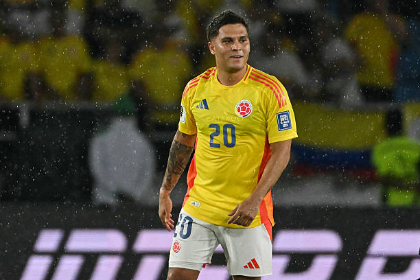 Colombia's midfielder #20 Juan Quintero celebrates scoring his team's third goal during the 2026 FIFA World Cup South American qualifiers football match between Colombia and Bolivia at the Roberto Melendez Metropolitan stadium in Barranquilla, Colombia on September 4, 2025.