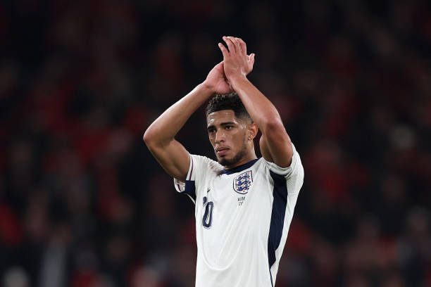 LONDON, ENGLAND - MARCH 21: Jude Bellingham of England applauds the fans after the team's victory in the FIFA World Cup 2026 European Qualifier between England and Albania at Wembley Stadium on March 21, 2025 in London, England.