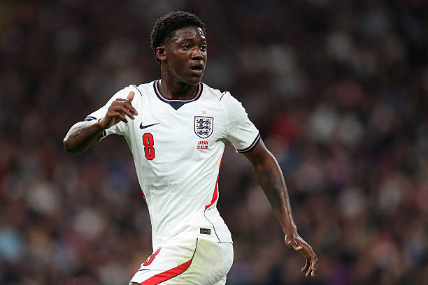 LONDON, ENGLAND - MARCH 31: Kobbie Mainoo of England looks on during the international friendly match between England and Japan at Wembley Stadium on March 31, 2026 in London, England.