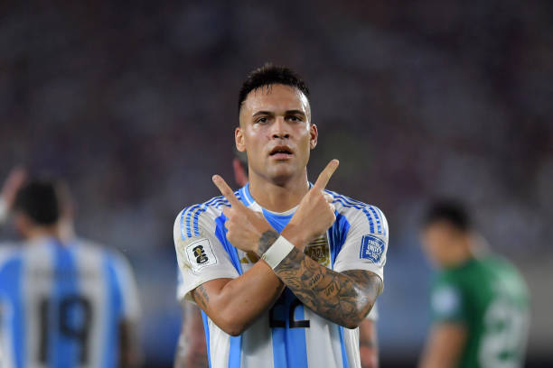 BUENOS AIRES, ARGENTINA - OCTOBER 15: Lautaro Martinez of Argentina celebrates after scoring the team's second goal during the FIFA World Cup 2026 South American Qualifier match between Argentina and Bolivia at Estadio Más Monumental Antonio Vespucio Liberti on October 15, 2024 in Buenos Aires, Argentina.