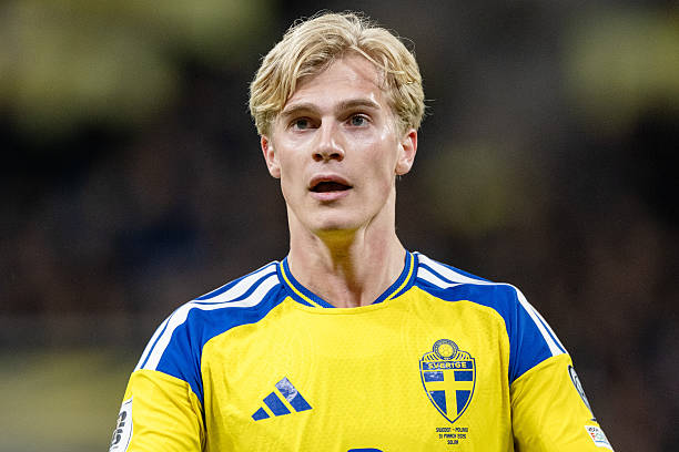 SOLNA, SWEDEN - MARCH 31: Lucas Bergvall of Sweden looks on during the FIFA World Cup 2026 European Qualifiers KO play-offs match between Sweden and Poland at Strawberry Arena on March 31, 2026 in Solna, Sweden.