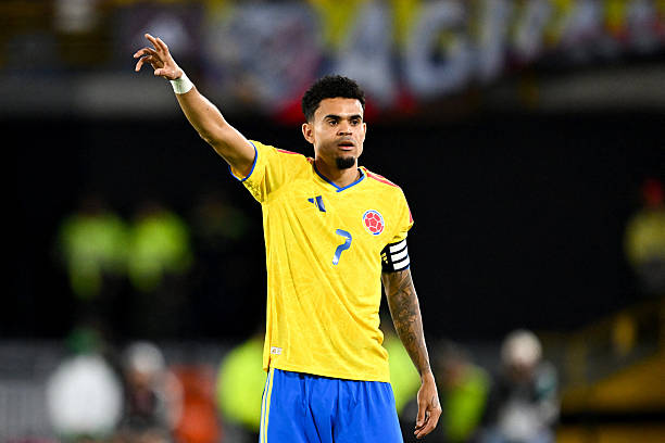Colombia's forward #07 Luis Diaz gestures during the international friendly football match between Colombia and Costa Rica at the Nemesio Camacho El Campin stadium in Bogota on June 1, 2026.