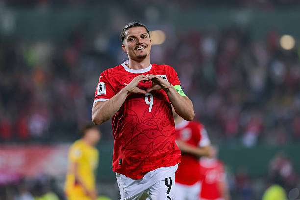 VIENNA, AUSTRIA - JUNE 07: Marcel Sabitzer of Austria celebrates after the goal scored during the FIFA World Cup 2026 European Qualifier between Austria and Romania at Ernst Happel Stadion on June 07, 2025 in Vienna, Austria.