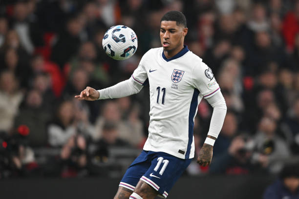 Marcus Rashford (11 England) is in action during the FIFA World Cup 2026 Group K Qualifying match between England and Latvia at Wembley Stadium in London, England, on March 24, 2025.