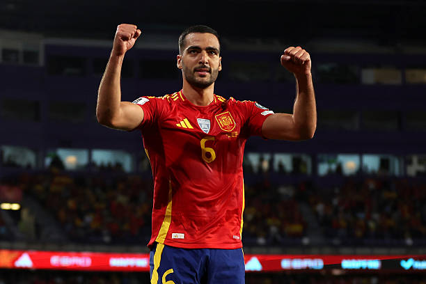 VALLADOLID, SPAIN - OCTOBER 14: Mikel Merino of Spain celebrates scoring his team's first goal during the FIFA World Cup 2026 qualifier match between Spain and Bulgaria at Jose Zorrilla on October 14, 2025 in Valladolid, Spain.
