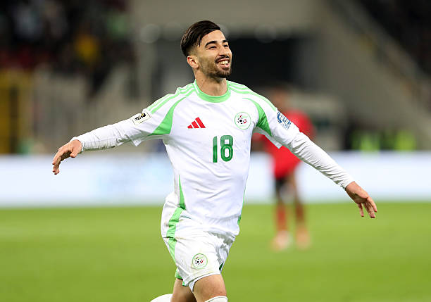 Algerian player Mohamed El Amine Amoura celebrates his goal during the 2026 FIFA World Cup qualifying match between Algeria and Mozambique in Tizi Ouzou, Algeria, on March 25, 2025