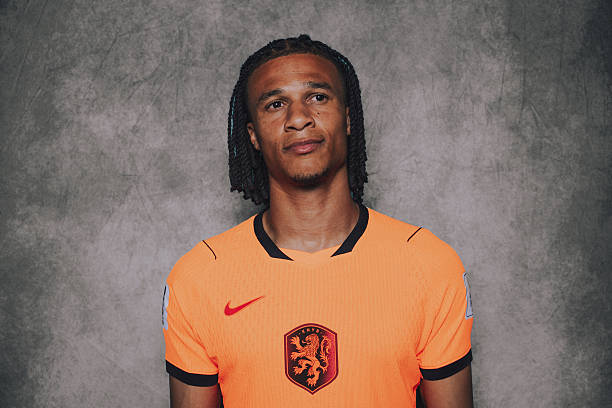 WHITE PLAINS, NEW YORK - JUNE 06: (EXCLUSIVE COVERAGE) (EDITOR'S NOTE: This image has been digitally altered.) Nathan Ake #5 of Netherlands poses for a portrait during the official FIFA World Cup 2026 portrait session on June 06, 2026 in White Plains, New York.