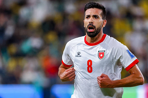 Jordan's midfielder #08 Noor al-Rawabdeh celebrates after scoring his team's second goal during the 2026 FIFA World Cup AFC qualifiers football match between Saudi Arabia and Jordan at al-Awwal Stadium in Riyadh on June 11, 2024.