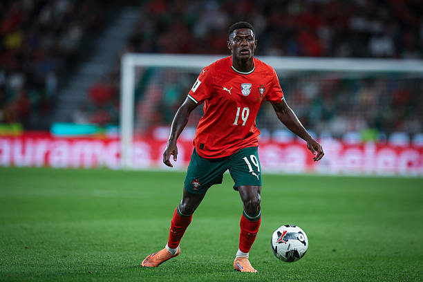 LISBON, PORTUGAL - OCTOBER 14: Nuno Mendes of Portugal controls the ball during the FIFA World Cup 2026 qualifier match between Portugal and Hungary at Estadio Jose Alvalade on October 14, 2025 in Lisbon, Portugal.