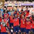 EAST RUTHERFORD, NEW JERSEY - JULY 19: Rodri #16 of Spain lifts the FIFA World Cup Winner’s Trophy after the team’s victory following the FIFA World Cup 2026 Final match between Spain and Argentina at New York New Jersey Stadium on July 19, 2026 in East Rutherford, New Jersey.
