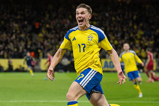 SOLNA, SWEDEN - MARCH 31: Viktor Gyökeres of Sweden celebrates after scoring goal during the FIFA World Cup 2026 European Qualifiers KO play-offs match between Sweden and Poland at Strawberry Arena on March 31, 2026 in Solna, Sweden.