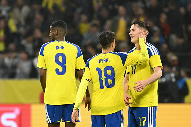 Sweden's forward #17 Viktor Gyokeres (R) celebrates scoring his team's first goal with teammates Sweden's midfielder #18 Yasin Abbas Ayari (C) and Sweden's forward #09 Alexander Isak during the friendly match between Sweden and Greece ahead of the 2026 FIFA World Cup football tournament, in Solna, near Stockholm, on June 4, 2026.