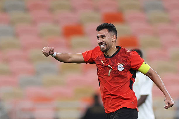 Egypt's forward #7 Mahmoud Trezeguet celebrates after scoring his team's second goal during the friendly football match between Saudi Arabia and Egypt at King Abdullah Sports City in Jeddah on March 27, 2026.