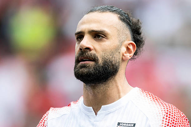 Jordan's defender #5 Yazan Al Arab looks on before a friendly match between Switzerland and Jordan ahead of the 2026 FIFA World Cup football tournament at the Kybunpark stadium, in St. Gallen on May 31, 2026.