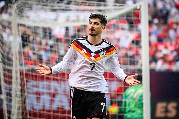 CHICAGO, ILLINOIS - JUNE 06: Kai Havertz of Germany celebrates after scoring his team's first goal during the international friendly match between United States and Germany at Soldier Field on June 06, 2026 in Chicago, Illinois.